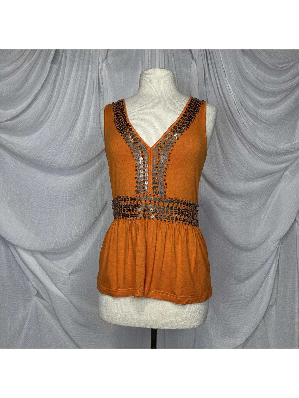 Vintage Indie Boho Design History Orange Sleeveless Top Size S